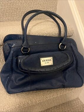 GUESS Navy Faux-Ostrich Satchel with Top Handles
